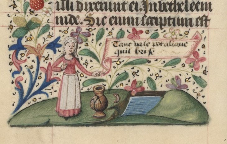 1450 ca Tant va le pot à l'iaue quil brise Livre d'heures à proverbes BnF NAL 3134, fol. 16v