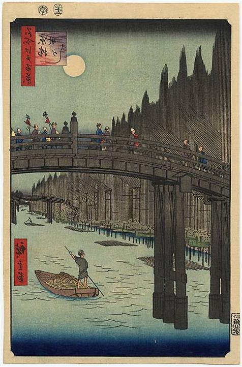 Le pont Kyo et la berge de bambous de la rivière Sumida Hiroshige