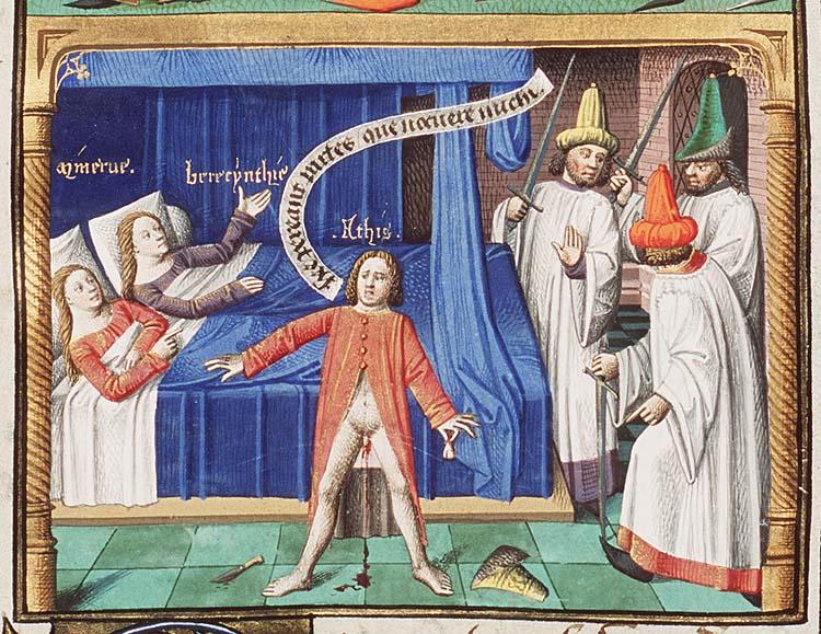 Attis se castrant lui meme Minerva and Cybele are lying in bed La cite de Dieu, manuscrit francais, 1475-1480. Fol. 43r of the Hague MMW, 10 A 11, National Library of the Netherlands