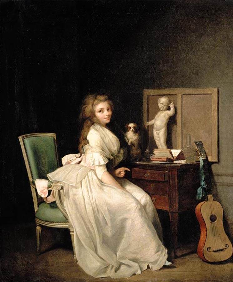 Boilly 1785 lady-in-a-white-dress-seated-at-her-desk 46x 39 cm coll priv