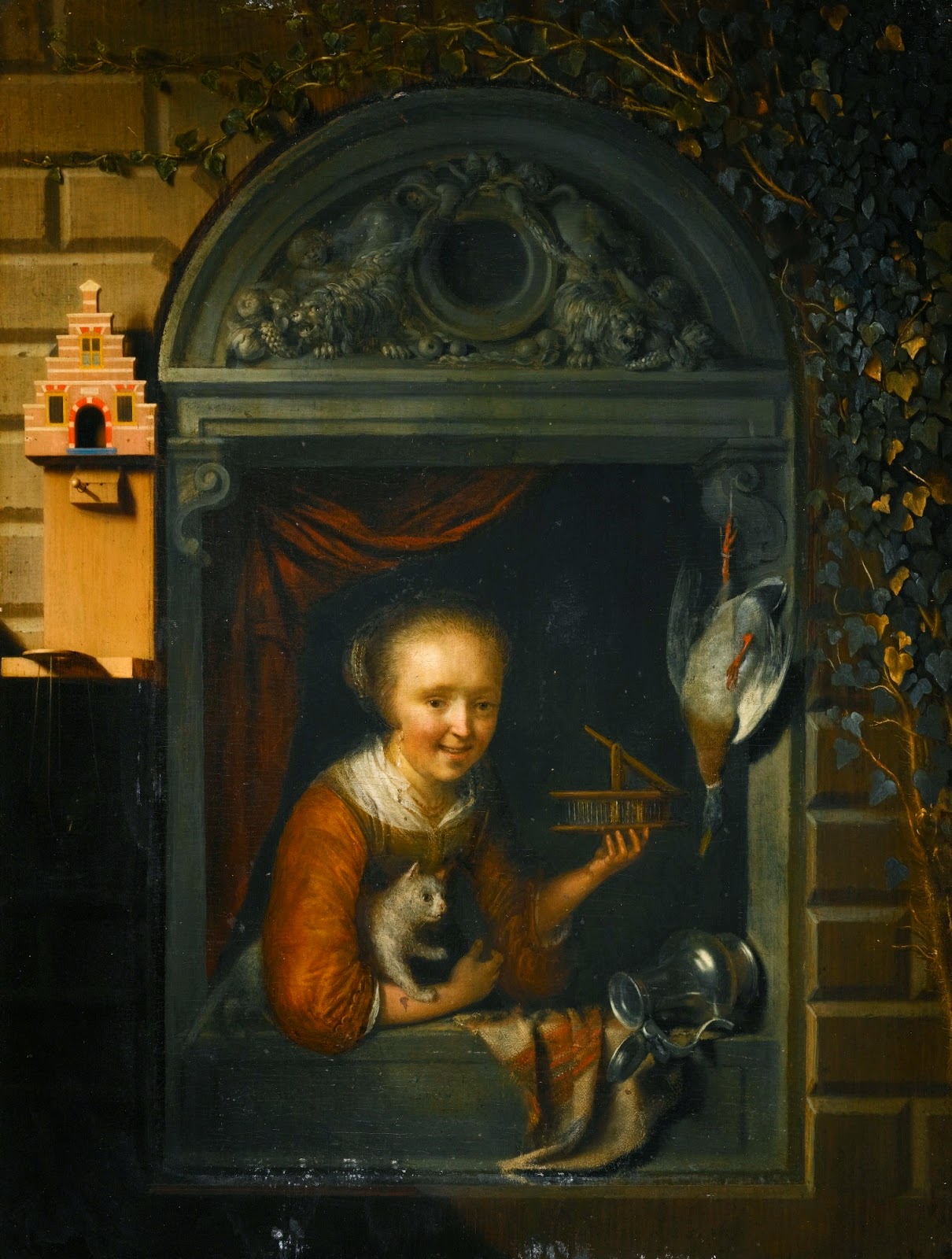 Gerrit Dou - A Young Girl at a Window Ledge with a Cat and Mouse-Trap