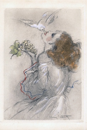 Icart vers 1930 femme avec oiseau et grappe