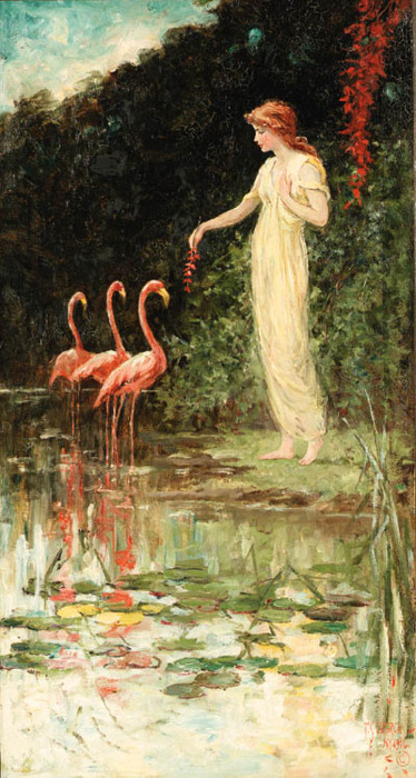 Standing Woman with Three Pink Flamingos, Frederick Stuart Church 1916