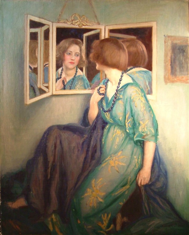 Auguste leroux vers 1929 elegante en robe bleue assise et ses reflets dans le miroir coll part