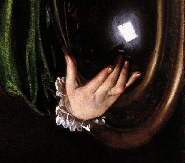 Caravaggio-Martha-and-Mary-Magdalene-1598 main gauche retournee