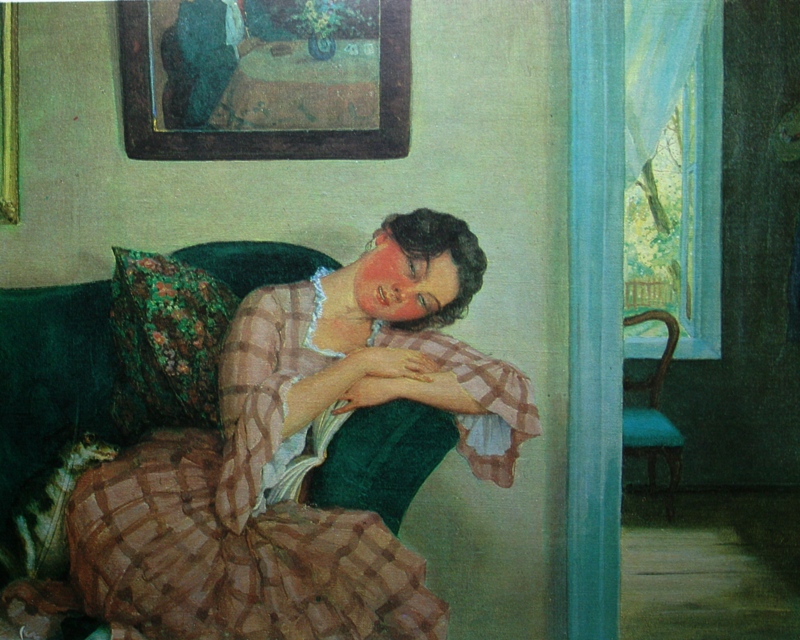 1919 Somov Sleeping young woman in a pink dress