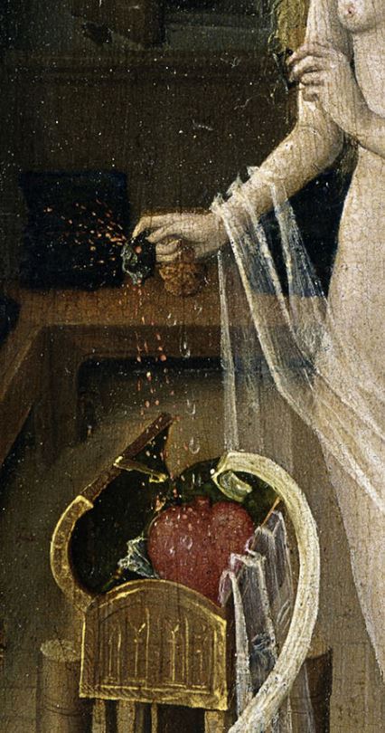 1470 ca Niederrheinischer Meister, Der Liebeszauber (Love potion), -, Tempera on copper beech,  Museum der Bildenden Kuenste, Leipzig coeur