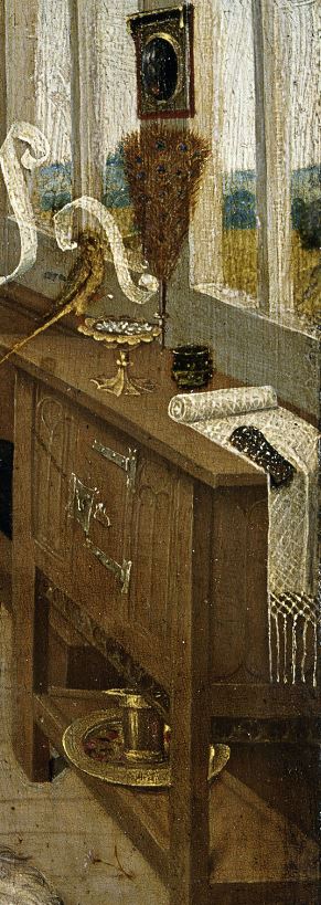 1470 ca Niederrheinischer Meister, Der Liebeszauber (Love potion), -, Tempera on copper beech,  Museum der Bildenden Kuenste, Leipzig meuble
