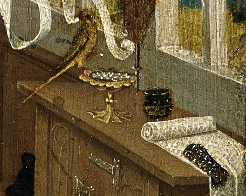 1470 ca Niederrheinischer Meister, Der Liebeszauber (Love potion), -, Tempera on copper beech, Museum der Bildenden Kuenste, Leipzig perroquet