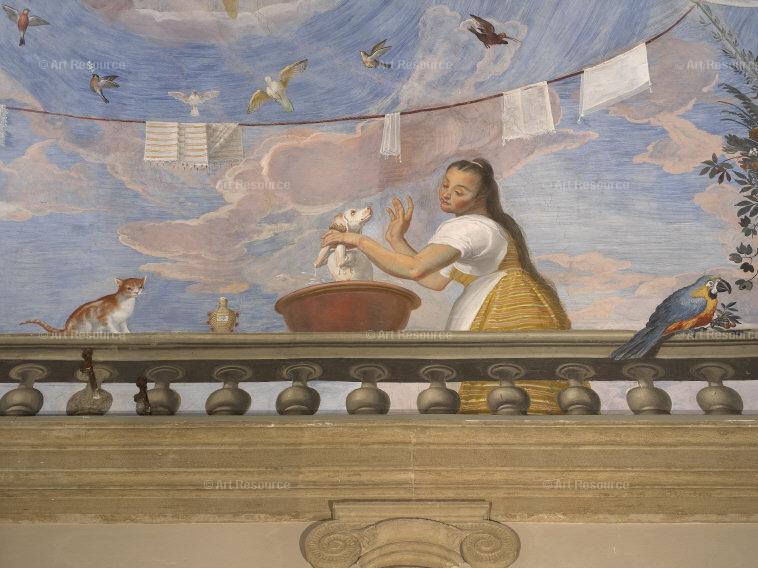 1588 Allori, Alessandro Loggia in the Apartment of the Bishops and Princes, detail of woman with dog, cat and parrot Palazzo Pitti, Florence, Italy