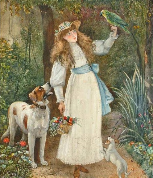 1880 ca Unknown artist Portrait of a girl with her two dogs and a parrot watercolour