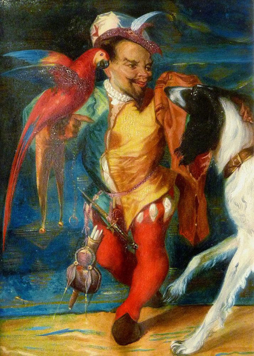F Eugene Francois Deveria Le fou du Roi au perroquet aquarelle sur papier Academia Fine Art, Monaco