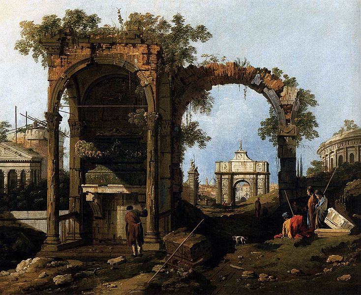 Giovanni_Antonio_Canal,_il_Canaletto_-_Capriccio with Classical Ruins and Buildings_ Accademia 1750