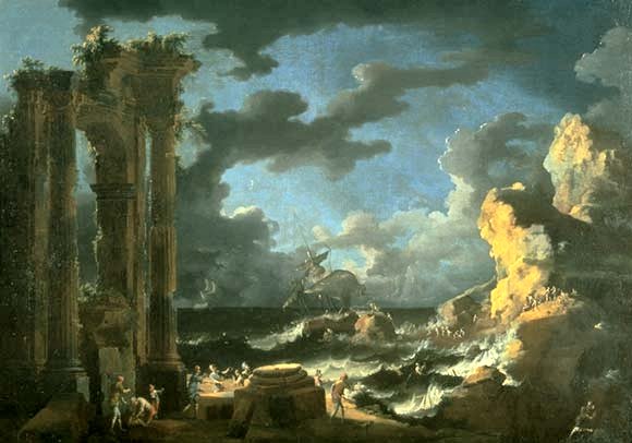 Port_of_Ostia_During_a_Tempest',_oil_on_canvas_painting_by_Leonardo_Coccorante,_1740s,_Lowe_Art_Museum