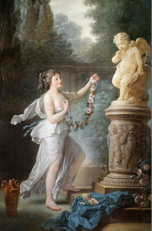 Jeune femme offrant une guirlande de fleurs à la statue de Cupidon