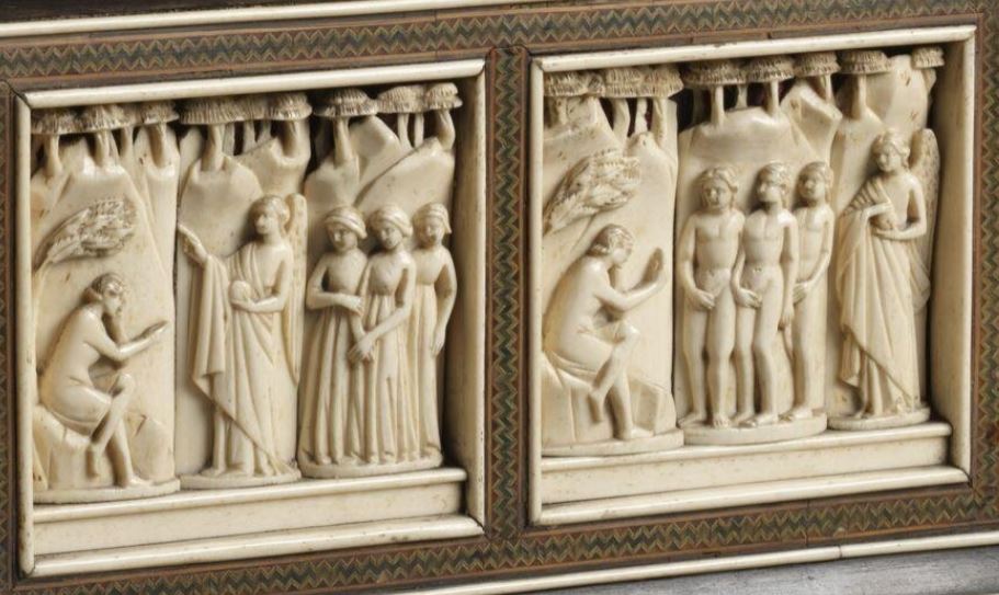 Coffret de mariage 1390-1400 atelier de Baldassare Ubriachi Venise ou Florence Jugement de Paris avec Mecure VandA A 27-1952