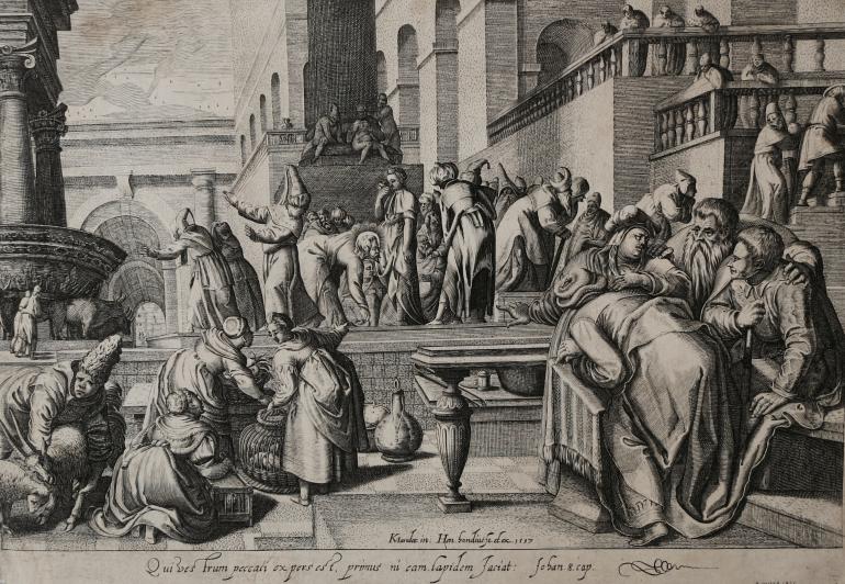 Hondius 1597 d apres Karel Van Mander Judicium Christi La femme accusee d'adultere