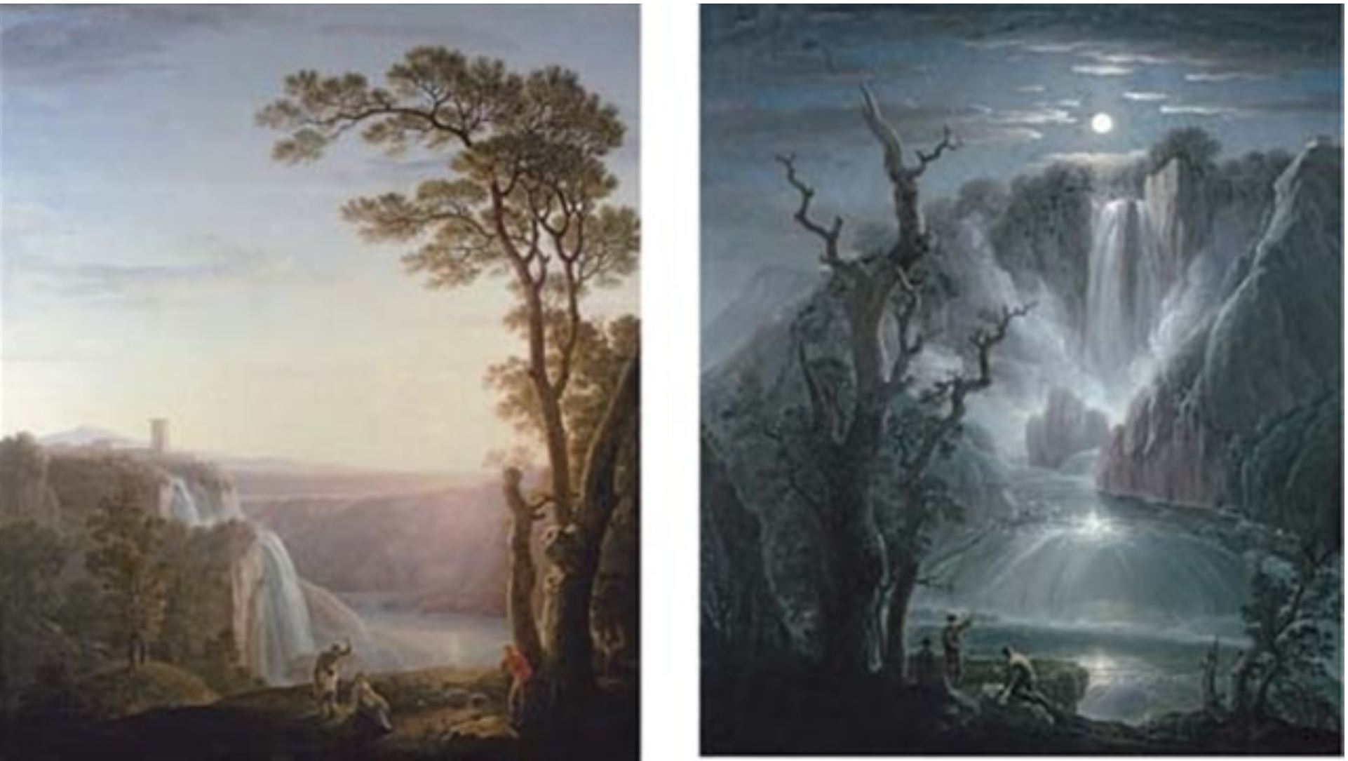Jacob More 1788 The cascade of Tivoli at sunset, Marmore at moonlight with figures in the foreground