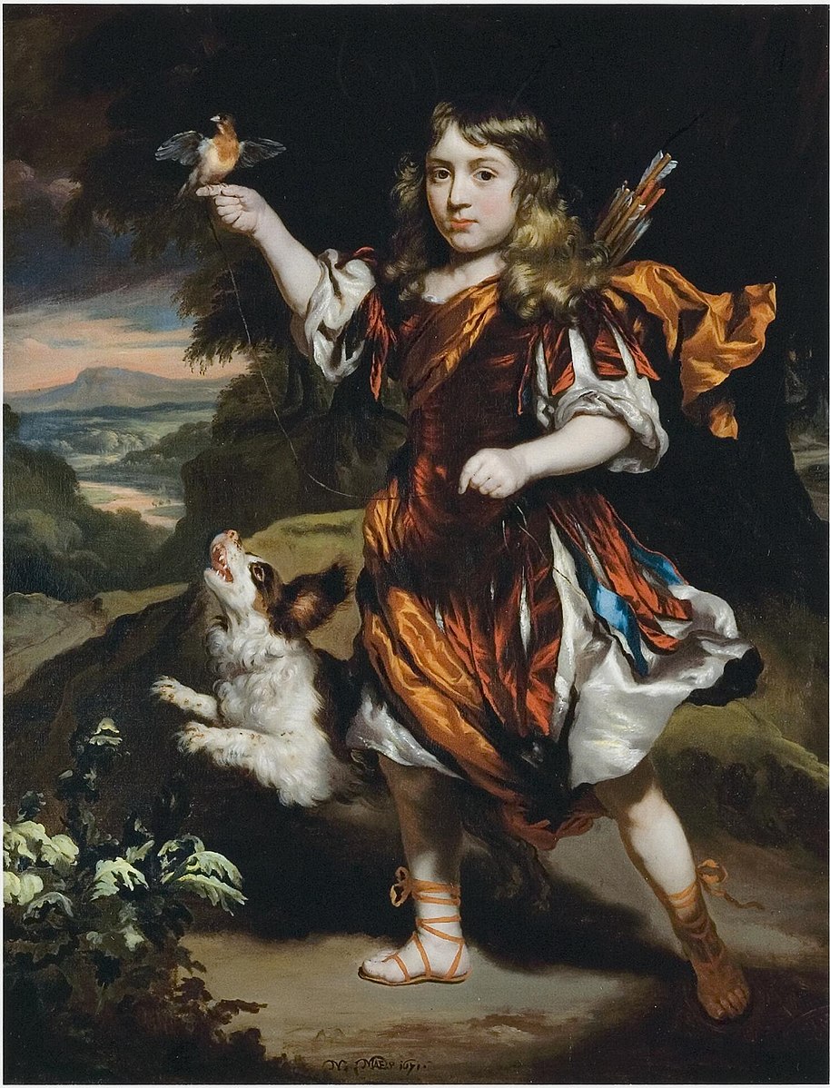 Maes 1671 Portrait of a boy as Daifilo in an orange cloak, with a bird coll priv