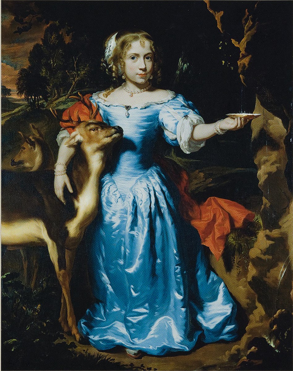 Maes 1671 Portrait of a girl as Granida, in a blue silk dress with two deer coll priv