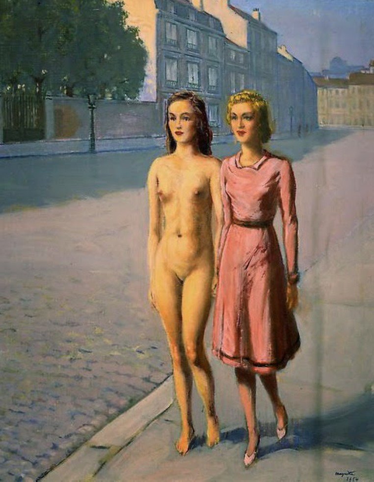 Magritte Fillette et Fillette nue se promenant dans la rue 1954