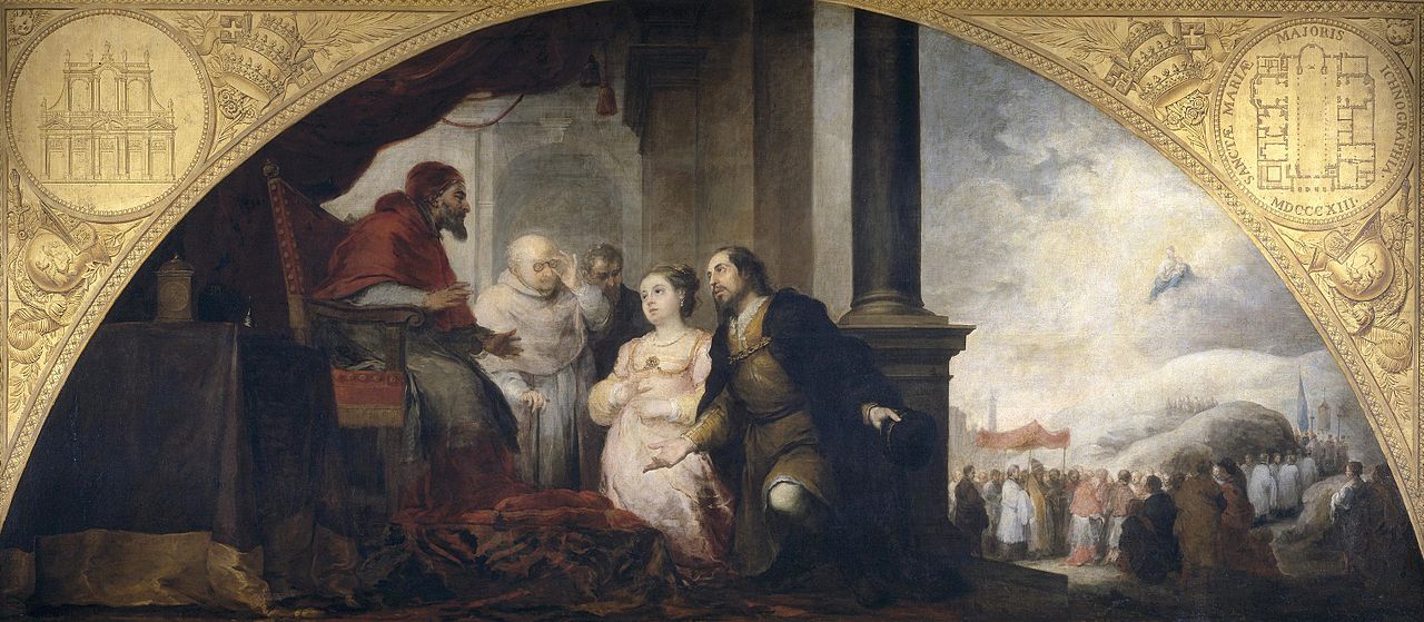 Murillo 1664 - 1665 miracle du gentilhomme romain Patricio Juan raconte le Miracle au Pape Prado
