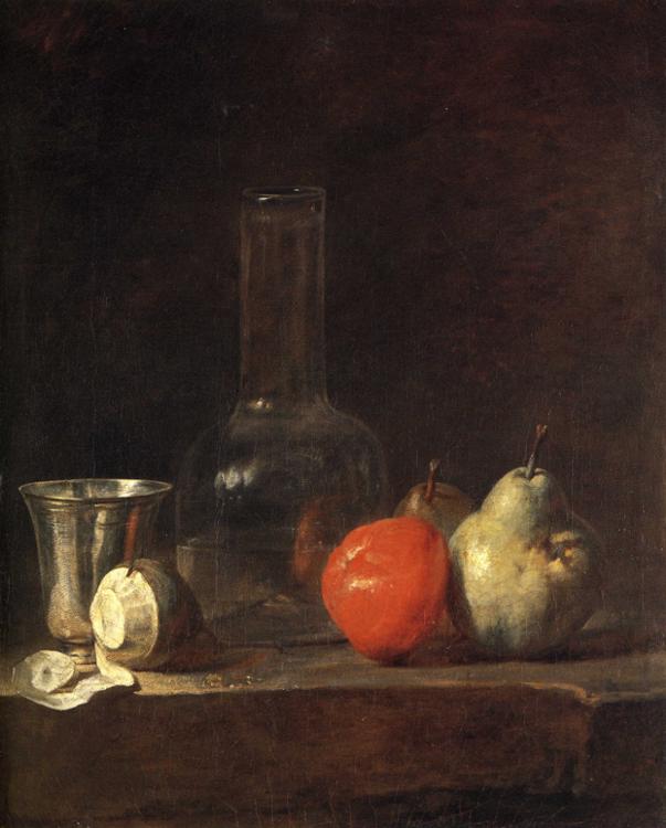 Chardin 1728 ca Carafe d'eau avec gobelet d'argent citron pele pommes et poires Kunsthalle Karlsruhe