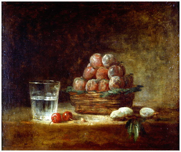 Chardin 1759 Panier de prunes et verre d'eau Musee des Beaux Arts, Rennes