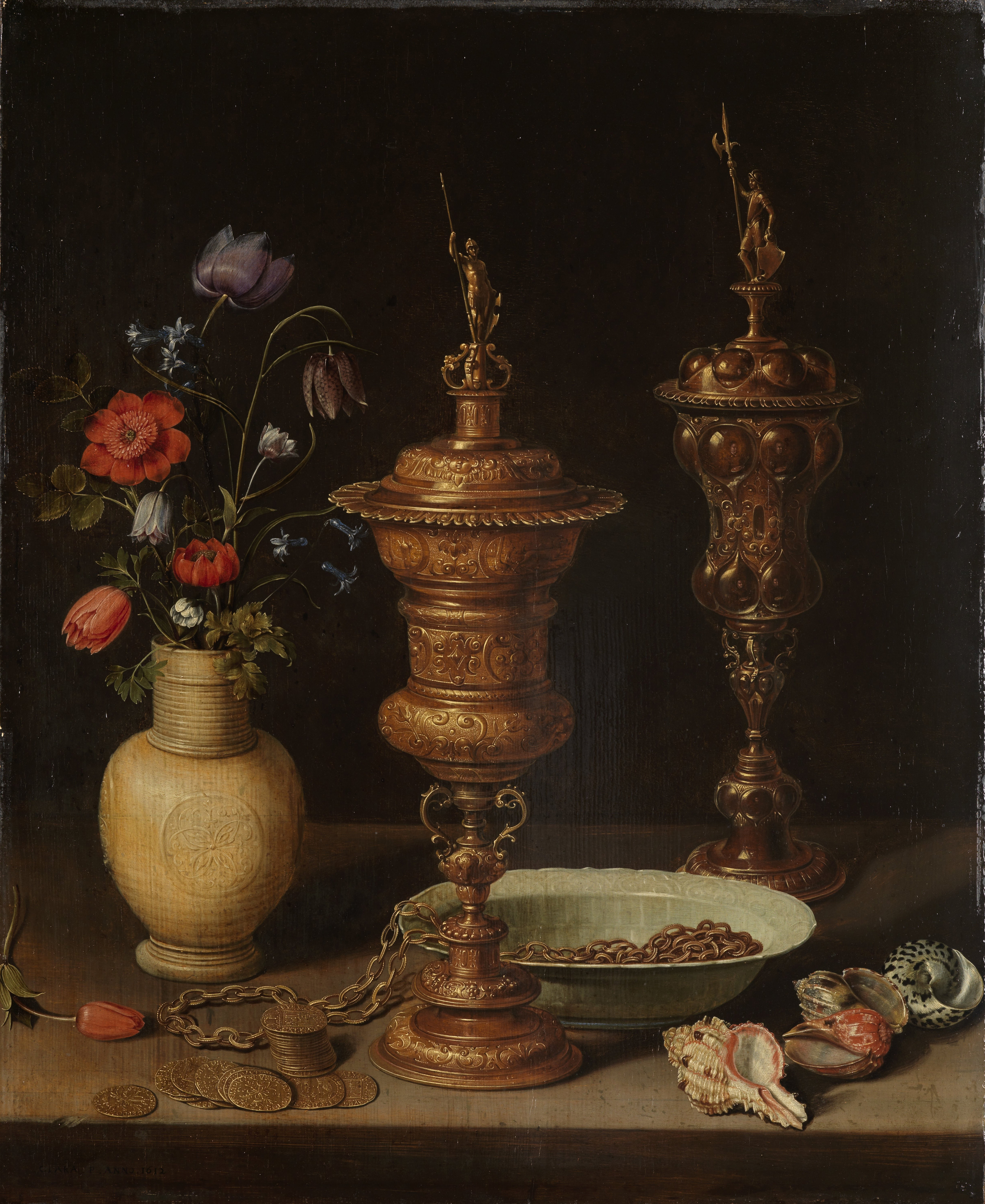 Clara Peeters 1611 B Bodegon con flores, copas doradas, monedas y conchas STAATLICHE KUNSTHALLE, KARLSRUHE