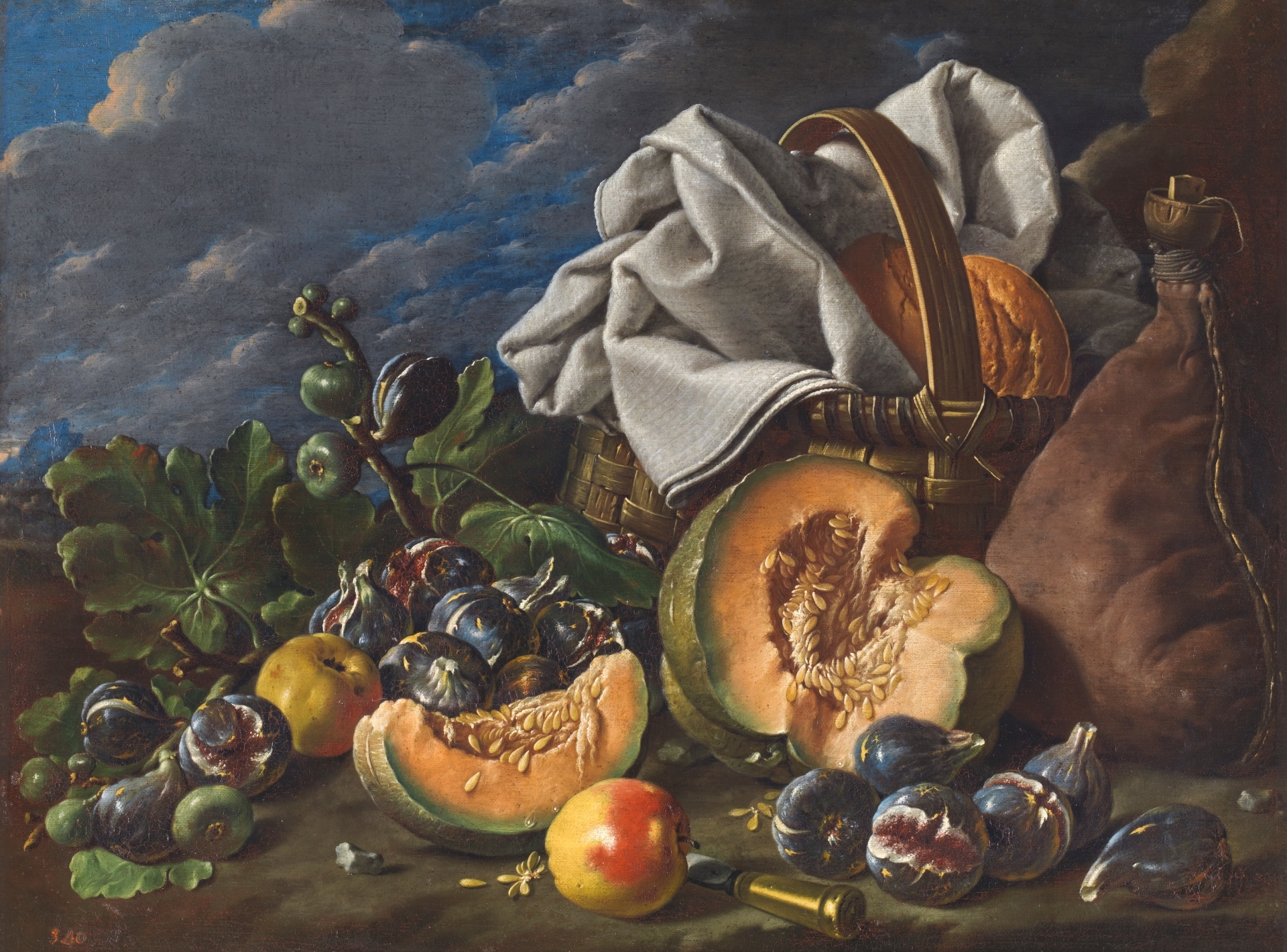 Melendez 1771A Bodegon con melon y brevas, manzanas, bota de vino y cesta de merienda en un paisaje Prado