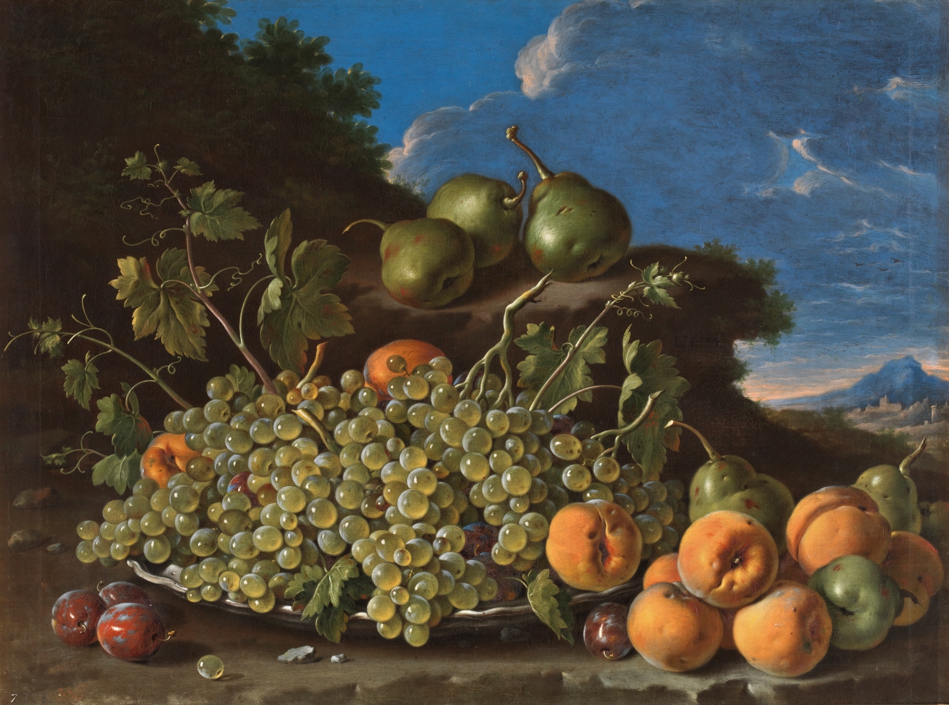 Melendez 1771A Bodegon con plato de uvas, melocotones, peras y ciruelas en un paisaje Prado