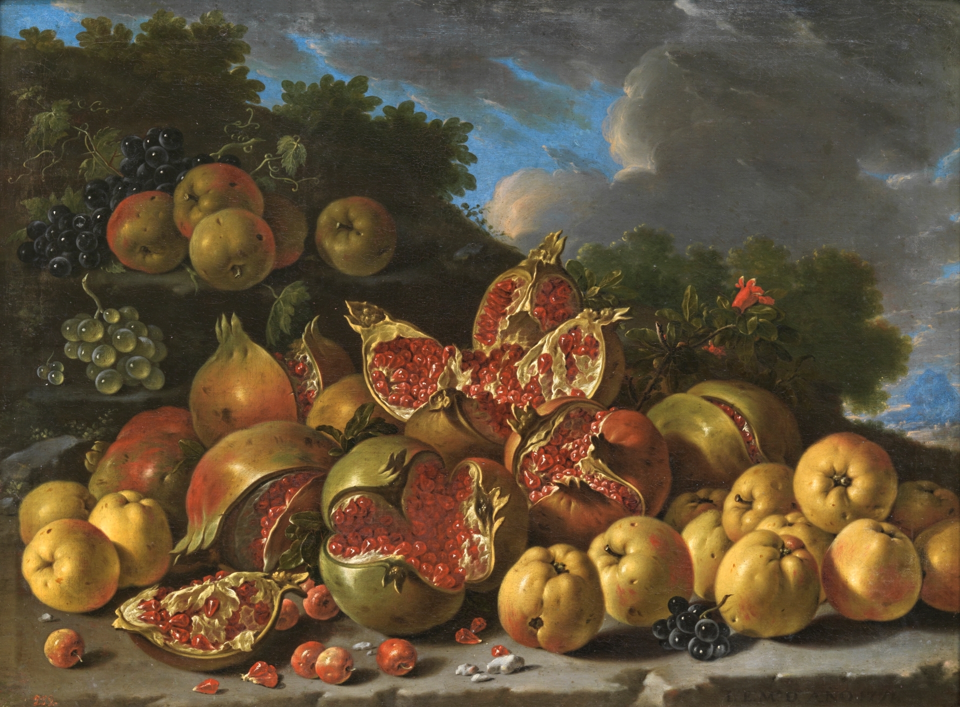 Melendez 1771B Bodegon con granadas, manzanas, acerolas y uvas en un paisaje Prado