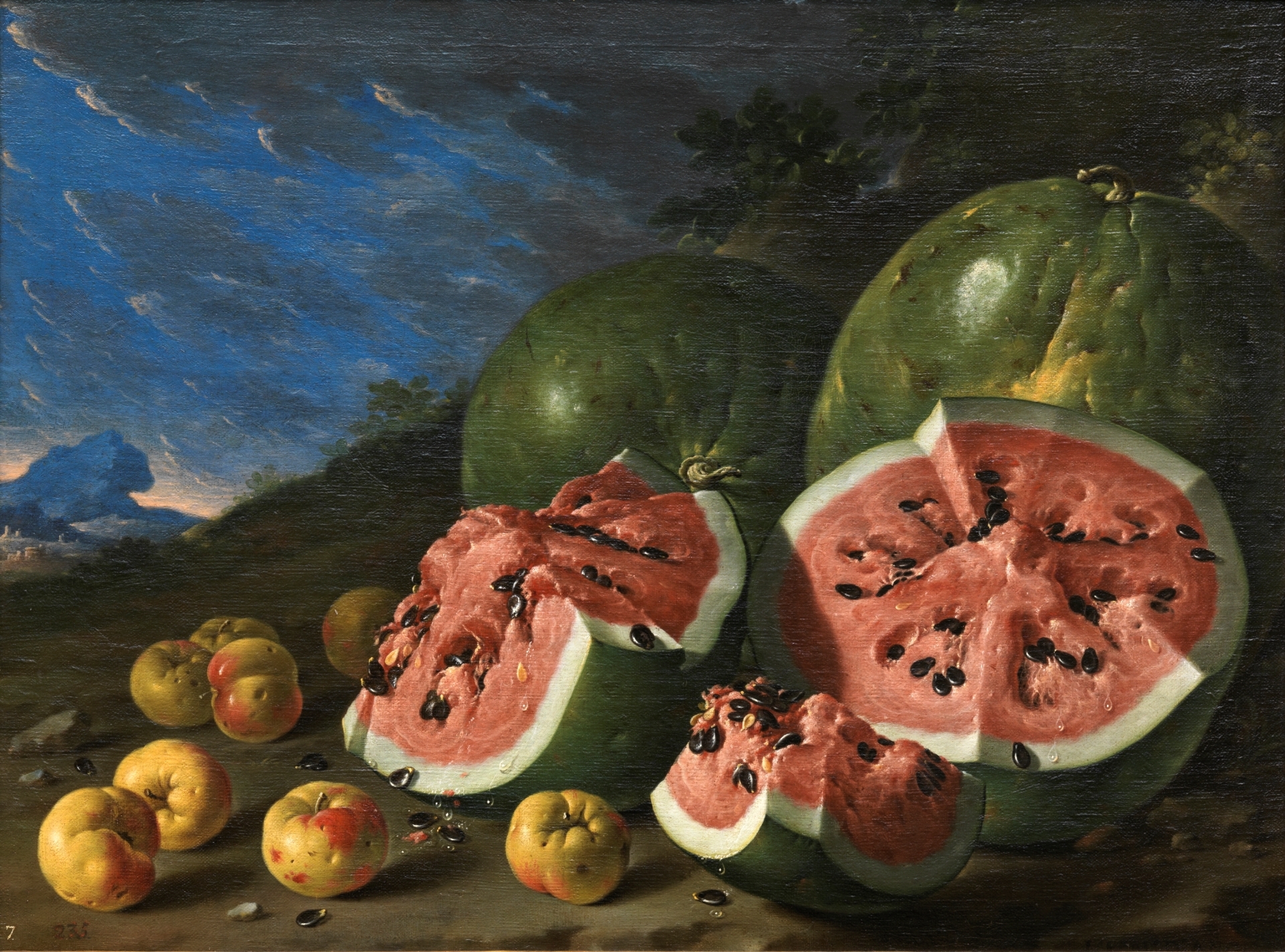 Melendez 1771B Bodegon con sandias y manzanas en un paisaje Prado