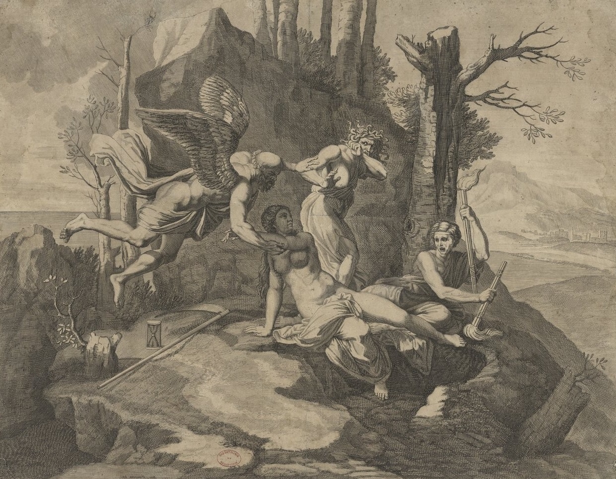 Poussin 1634-36 gravure de Dughet Le Temps soustrait la verite aux atteintes de l'envie et de la discorde (inverse)