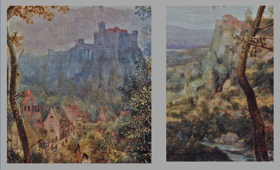 Brueghel 1568 Die_Elster_auf_dem_Galgen Musee regional de la Hesse, Darmstadt schema deux villes