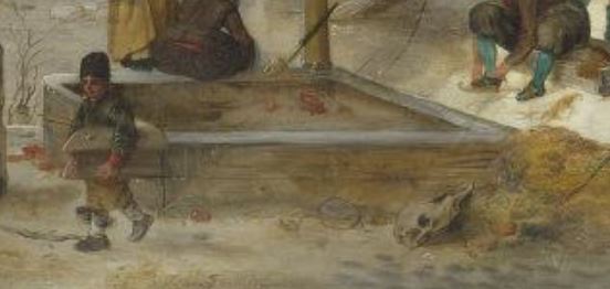 Avercamp Scene on the Ice near a Brewery, about 1615, oil on panel, The National Gallery, London detail