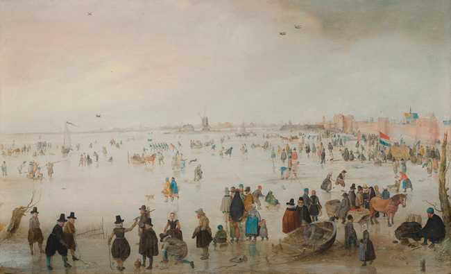 Avercamp Winter Scene outside the Walls of Kampen, c. 1613–1615, oil on panel, Private collection, The Netherlands