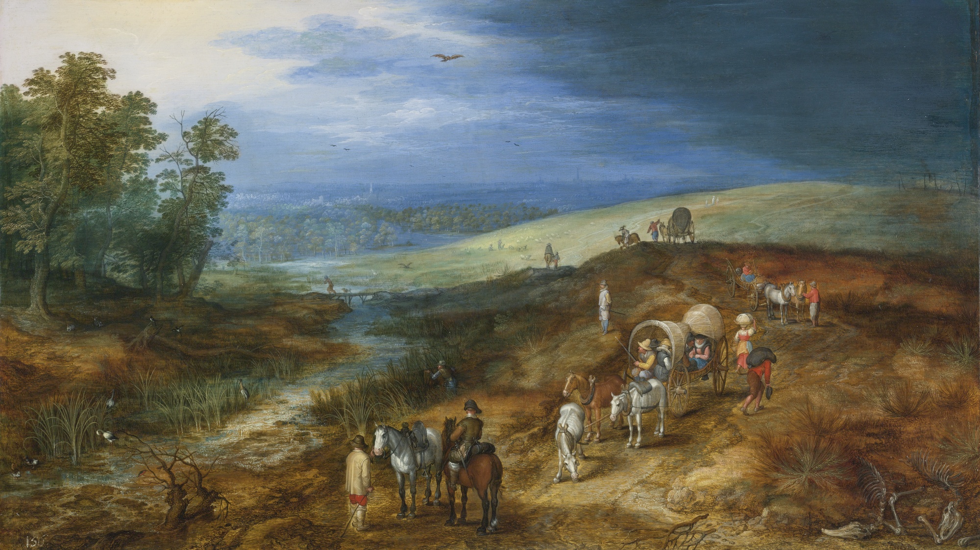 Jan Breughel the Younger 1625 ca LANDSCAPE WITH TRAVELERS AND BITTERN HUNTER coll priv