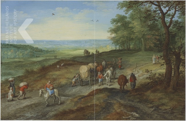 Jan Brueghel Panoramic landscape with a covered wagon and travelers on a track 1612 coll privee