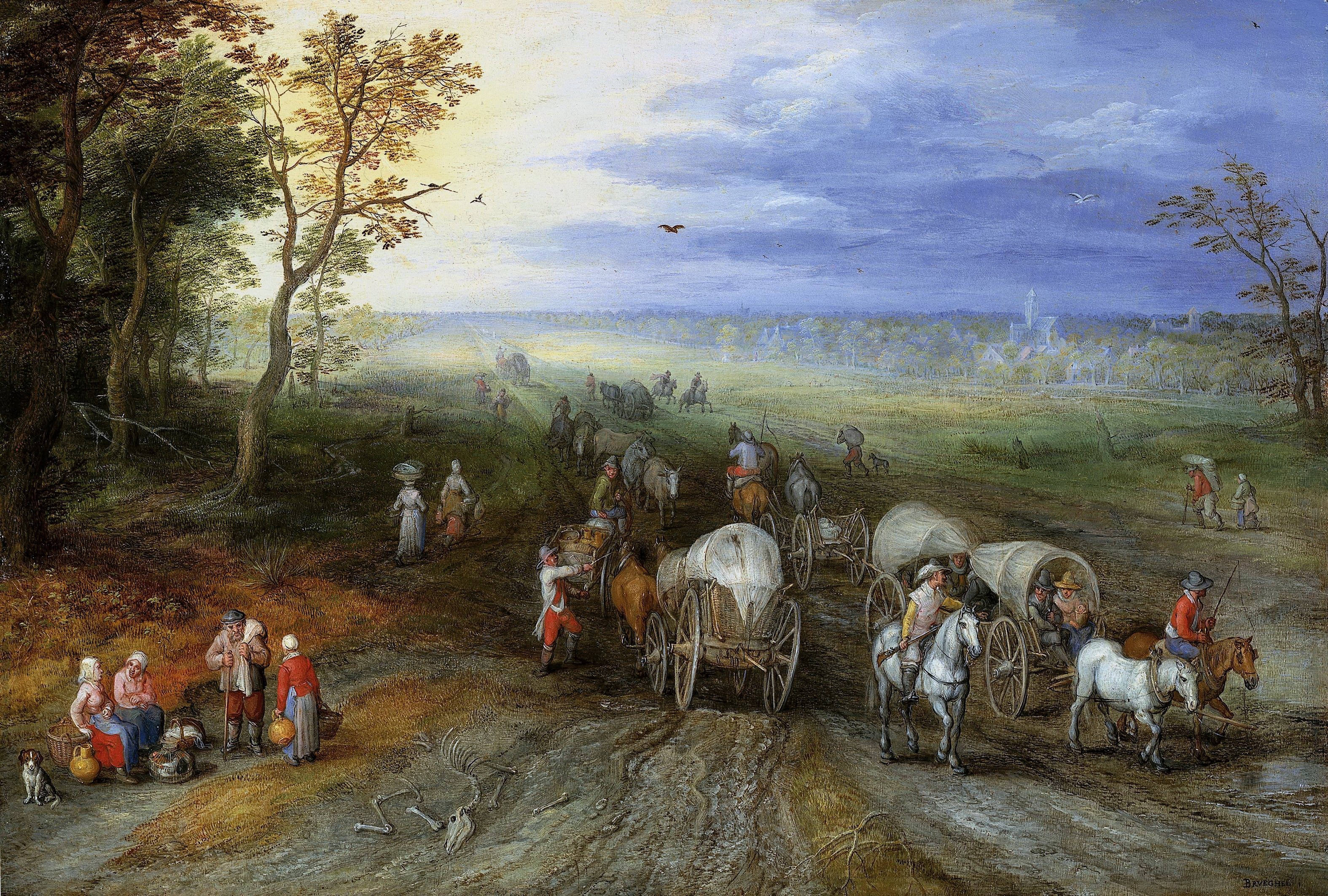Jan-Brueghel-the-elter-1610-Landscape-with-Travellers-and-Peasants-on-a-Track-