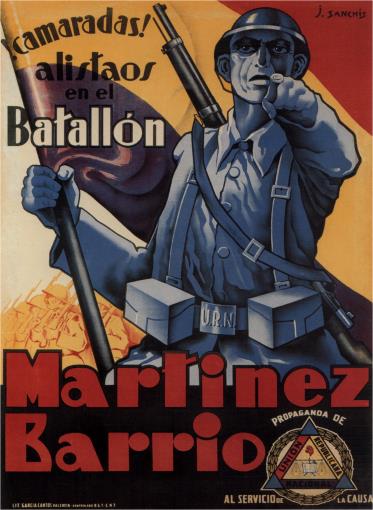 Espagne 1937 Camarade enrole-toi dans le bataillon du Barrio Martinez affiche de J. Sanchis
