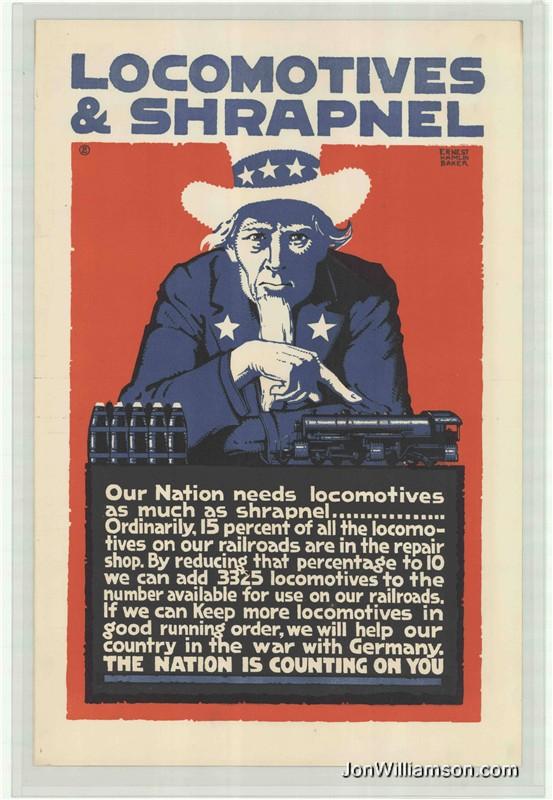 Locomotives et Shrapnel affiche de Ernest Hamlin Baker USA 1917-18