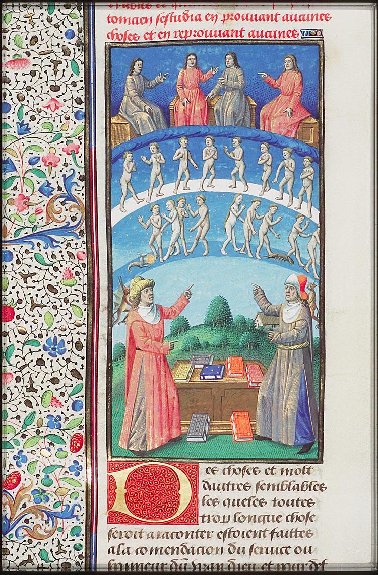 Maitre François - Porphyry and Plotinus discussing the purification of the soul by means of theurgy Paris 1475-1480. Fol. 435v of the Hague