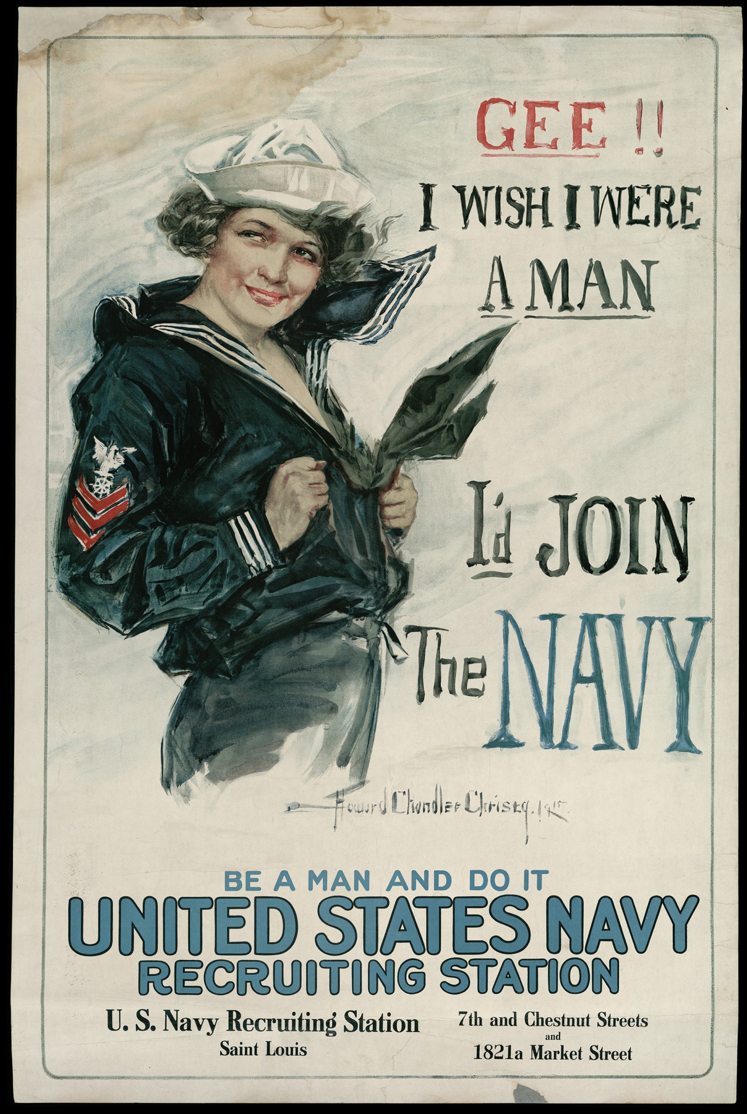 WW1 USA 1917 Gee I wish I were a man, I'd join the Navy Be a man and do it Howard Chandler Christy