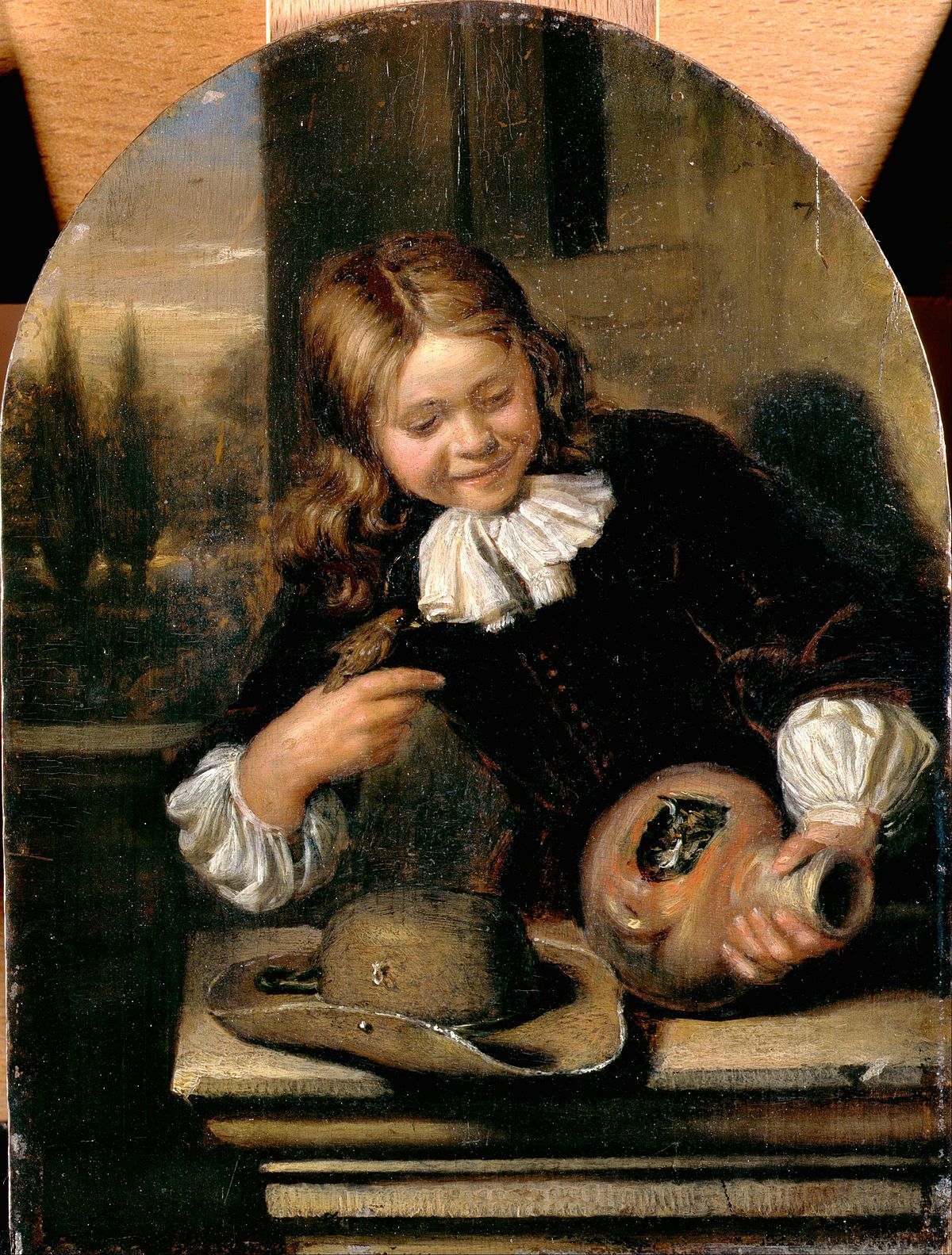 Carel de Moor (II) Boy with a goldfinch and its nest in a bird-pot vers 1700 Dulwich Picture Gallery