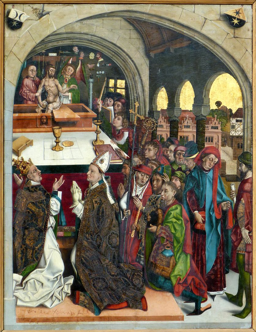 Michael Wolgemut Epitaphe d’un membre de la famille Hehel avec la Messe de Saint Grégoire vers 1481 Nuremberg eglise Saint Laurent
