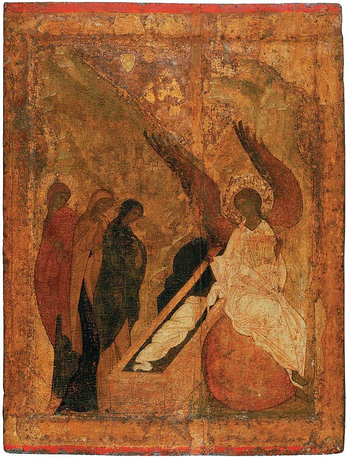 l'apparition de l'ange aux Myrrophores devant le tombeau du Christ 1420 ecole de Roublev Cathedrale de la Trinite Serguiev Possad