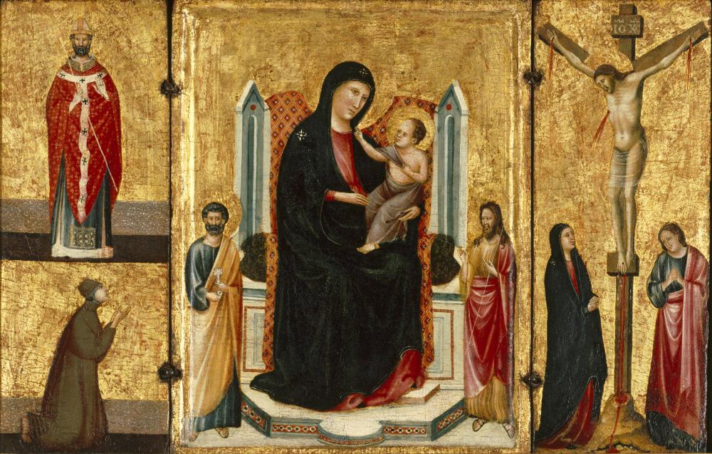 1300-24 Anonimo senese Madonna con Bambino in trono e santi, Santo vescovo e donatore,Memphis Brooks Museum of Art