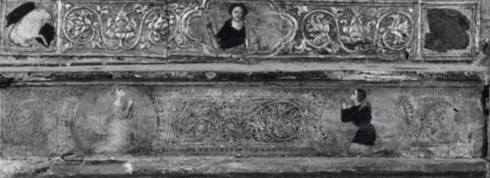 1350 - 1399 Anonimo fiorentino sec. XIV, Madonna con Bambino, Santi, Simboli dei quattro evangelisti, Donatori coll priv detail