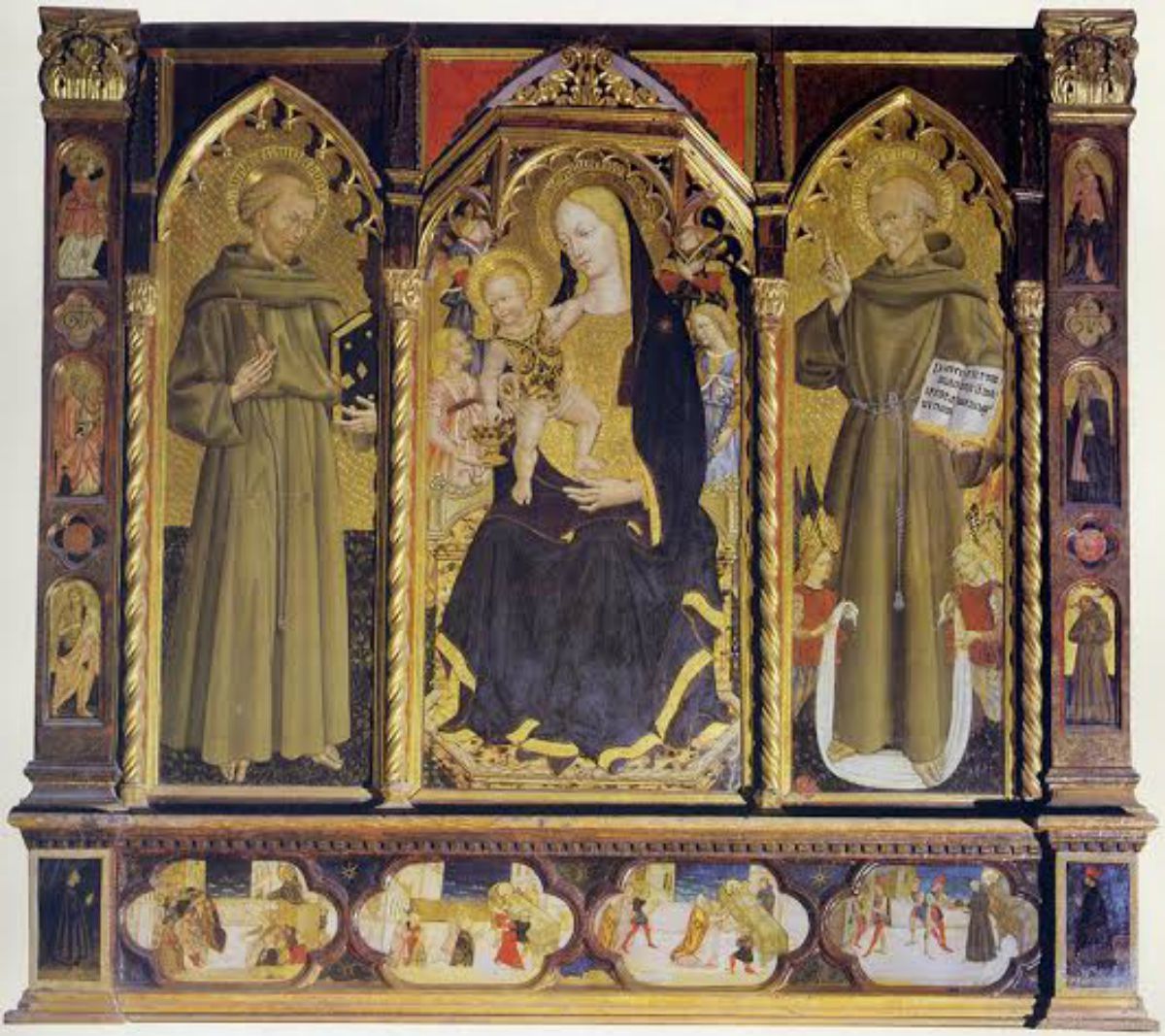 1460-70 Francesco di Gentile da Fabriano, Madonna con Bambino in trono e angeli, San Francesco d'Assisi, San Bernardino da Siena Chiesa di S. Francesco Matelica .jpg